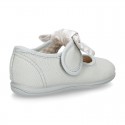 Cotton canvas little Mary Janes with velcro strap and big bow with FLOWERS design.