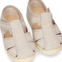 Cotton canvas Sandal T-Strap espadrille shoes with velcro strap.