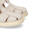 Cotton canvas Sandal T-Strap espadrille shoes with velcro strap.