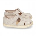 Cotton canvas Sandal T-Strap espadrille shoes with velcro strap.