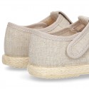 Cotton canvas Sandal T-Strap espadrille shoes with velcro strap.