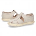 Cotton canvas Sandal T-Strap espadrille shoes with velcro strap.