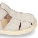 Cotton canvas Sandal T-Strap espadrille shoes with velcro strap.