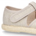 Cotton canvas Sandal T-Strap espadrille shoes with velcro strap.