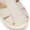 Cotton canvas Sandal T-Strap espadrille shoes with velcro strap.