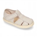 Cotton canvas Sandal T-Strap espadrille shoes with velcro strap.