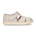 Cotton canvas Sandal T-Strap espadrille shoes with velcro strap.