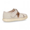 Cotton canvas Sandal T-Strap espadrille shoes with velcro strap.