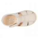 Cotton canvas Sandal T-Strap espadrille shoes with velcro strap.