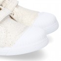 Canvas sneakers with metal finish and toe cap with VELCRO strap closure.