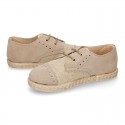 NATURAL LINEN canvas Laces up shoes espadrille style combined with suede leather.