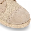 NATURAL LINEN canvas Laces up shoes espadrille style combined with suede leather.