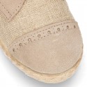 NATURAL LINEN canvas Laces up shoes espadrille style combined with suede leather.