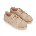 NATURAL LINEN canvas Laces up shoes espadrille style combined with suede leather.