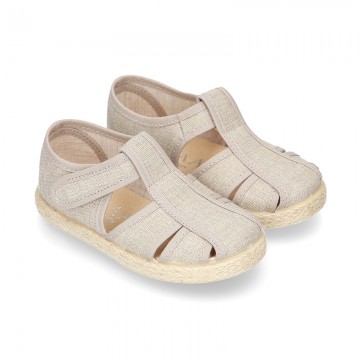 Cotton canvas Sandal T-Strap espadrille shoes with velcro strap.