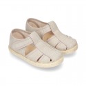 Cotton canvas Sandal T-Strap espadrille shoes with velcro strap.