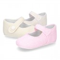 LINEN canvas Little Mary Janes with velcro strap and button for babies.