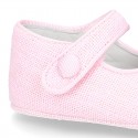 LINEN canvas Little Mary Janes with velcro strap and button for babies.