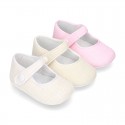 LINEN canvas Little Mary Janes with velcro strap and button for babies.