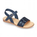 Leather sandal shoes with GLITTER finishes and buckle fastening.