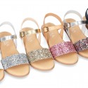 Leather sandal shoes with GLITTER finishes and buckle fastening.