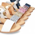 Leather sandal shoes with GLITTER finishes and buckle fastening.