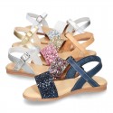 Leather sandal shoes with GLITTER finishes and buckle fastening.