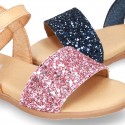 Leather sandal shoes with GLITTER finishes and buckle fastening.