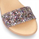 Leather sandal shoes with GLITTER finishes and buckle fastening.