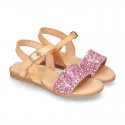 Leather sandal shoes with GLITTER finishes and buckle fastening.