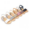 Leather sandal shoes with GLITTER finishes and buckle fastening.