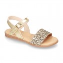 Leather sandal shoes with GLITTER finishes and buckle fastening.