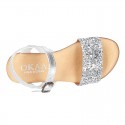 Leather sandal shoes with GLITTER finishes and buckle fastening.