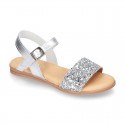 Leather sandal shoes with GLITTER finishes and buckle fastening.