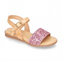 Leather sandal shoes with GLITTER finishes and buckle fastening.