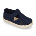 Pique Cotton canvas Sandal T-Strap espadrille shoes with velcro strap.