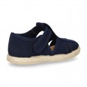 Pique Cotton canvas Sandal T-Strap espadrille shoes with velcro strap.