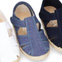 Pique Cotton canvas Sandal T-Strap espadrille shoes with velcro strap.