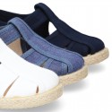 Pique Cotton canvas Sandal T-Strap espadrille shoes with velcro strap.