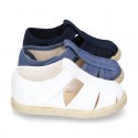 Pique Cotton canvas Sandal T-Strap espadrille shoes with velcro strap.