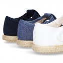 Pique Cotton canvas Sandal T-Strap espadrille shoes with velcro strap.