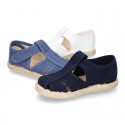 Pique Cotton canvas Sandal T-Strap espadrille shoes with velcro strap.