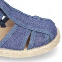 Pique Cotton canvas Sandal T-Strap espadrille shoes with velcro strap.