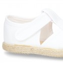 Pique Cotton canvas Sandal T-Strap espadrille shoes with velcro strap.