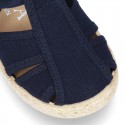 Pique Cotton canvas Sandal T-Strap espadrille shoes with velcro strap.