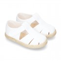 Pique Cotton canvas Sandal T-Strap espadrille shoes with velcro strap.