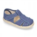 Pique Cotton canvas Sandal T-Strap espadrille shoes with velcro strap.