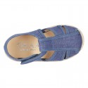 Pique Cotton canvas Sandal T-Strap espadrille shoes with velcro strap.