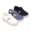 Pique Cotton canvas Sandal T-Strap espadrille shoes with velcro strap.