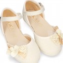 CEREMONY Linen canvas little Mary Jane shoes with Ribbon and Flower design.